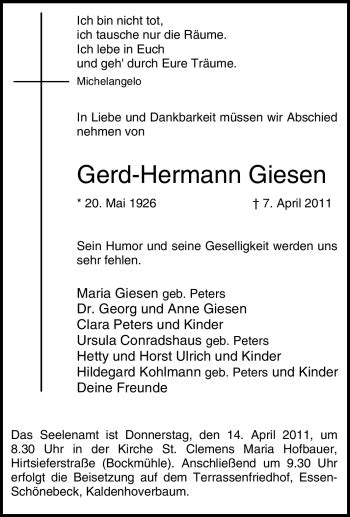 Traueranzeigen Von Gerd Hermann Giesen Trauer In Nrw De