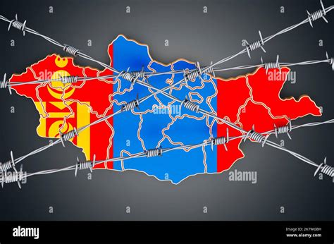 Map Of Mongolia With Barbed Wire D Rendering Isolated On Dark