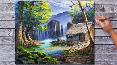 Acrylic Beautiful Landscape Painting Time Lapse Old Cabin Near