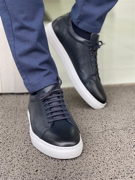 Navy Blue Lace Up Mid Top Sneakers for Men by GentWith.com