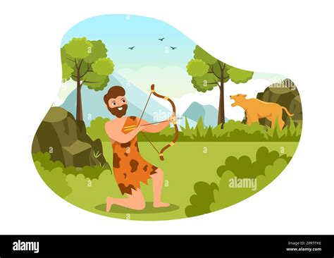 Prehistoric Stone Age Tribes Hunting Large Animals with Weapon in Flat ...