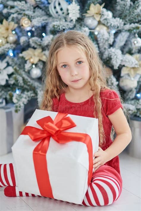 Happy Excited Girl Child Holding Christmas T Box Stock Image Image