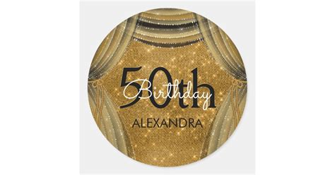 50th Birthday Party Black And Gold Sparkle Classic Round Sticker Zazzle