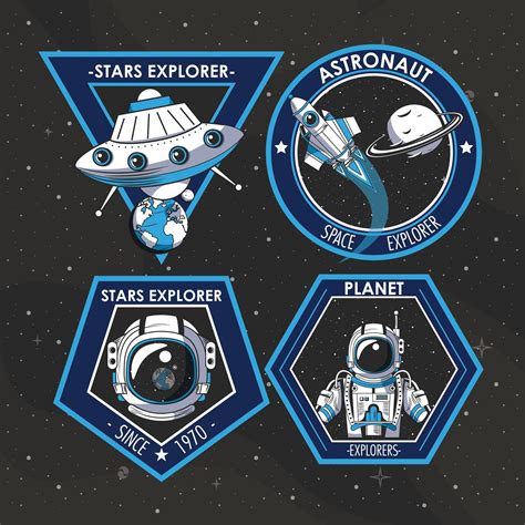 Conjunto De Emblemas De Parches De Explorador Espacial Con Astronautas