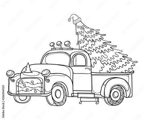 Drawing Of Outline Vintage Old Pickup Truck With Christmas Tree And