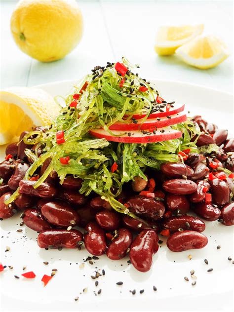 Salad With Kaiso Seaweed With Peanut Sauce Close Up Stock Photo