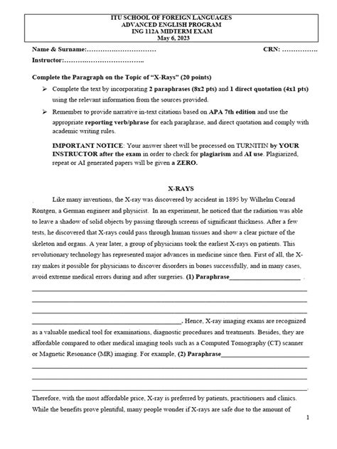 Answer Sheet Spring 2023 Ing112a Midterm Exam Answer Sheet And Turnitin
