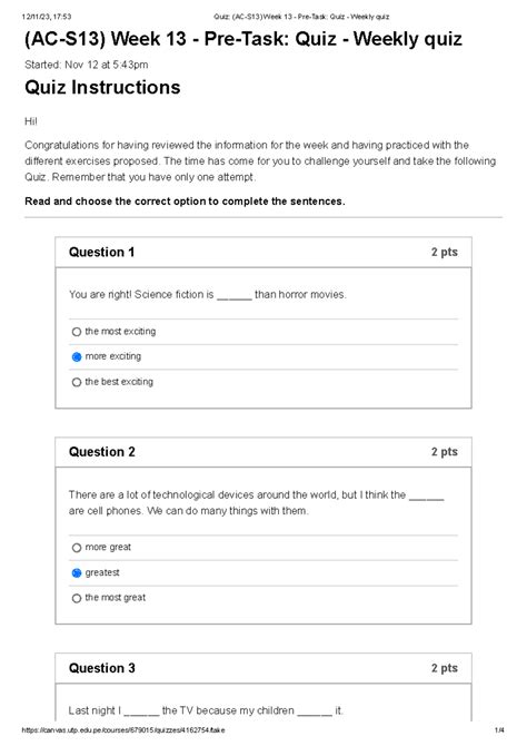 Quiz AC S13 Week 13 Pre Task Quiz Weekly Quiz AC S13 Week 13