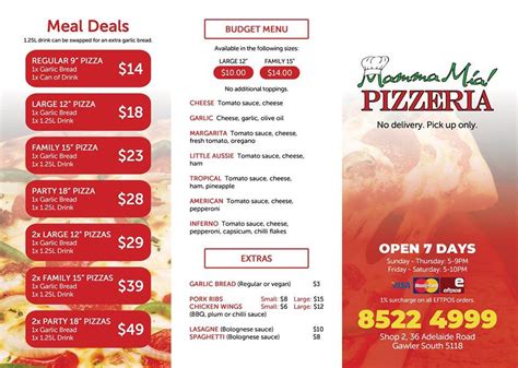 Menu at Mamma Mia Pizzeria, Gawler South