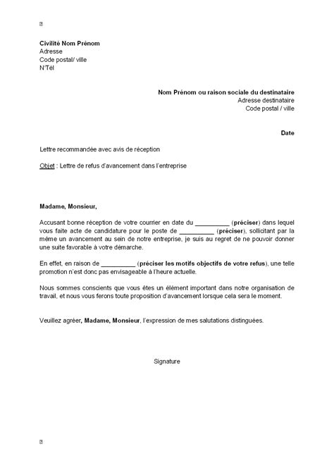 Exemple Gratuit De Lettre Refus Par Employeur Avancement Un Salari