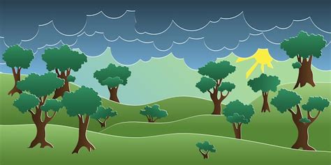 Paisaje Animado De Verano Con Rboles Y Nubes Vector Premium