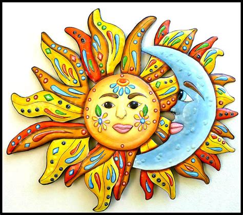 Painted Metal Sun Moon Outdoor Metal Art Painted Metal Wall Hanging