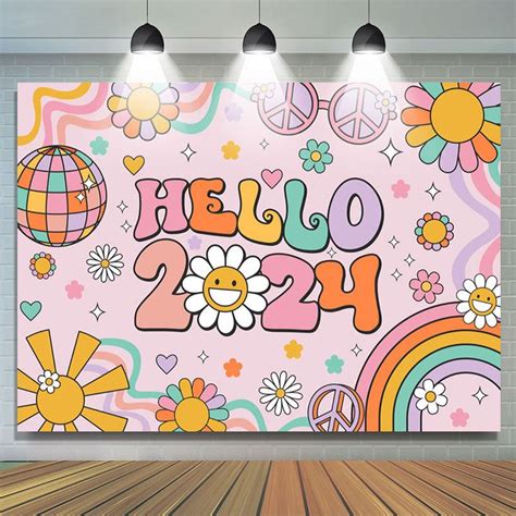 Hello Groovy Floral Happy New Year Party Backdrop Lofaris