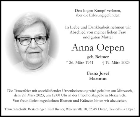 Traueranzeigen Von Anna Oepen Aachen Gedenkt