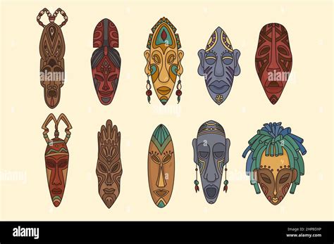 Conjunto de coloridas máscaras tribales africanas Imagen Vector de