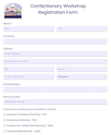 Free Confectionary Workshop Registration Form Template