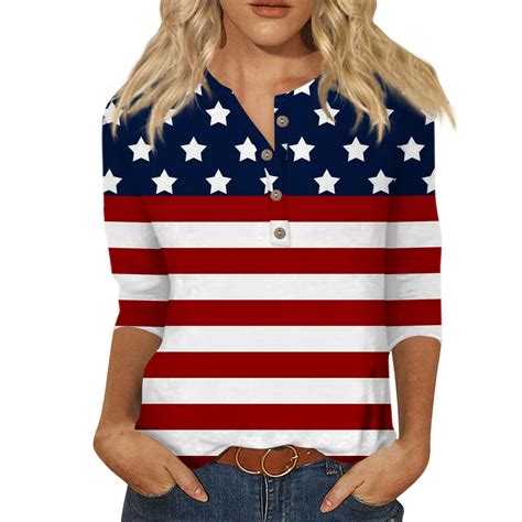 American Flag Shirts For Women Patriotic 34 Sleeve Tops 2024 Summer Usa Flag Star Stripes