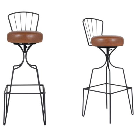 Pair Of Steel And Leather Mid Century Modern Italian Bar Stools By