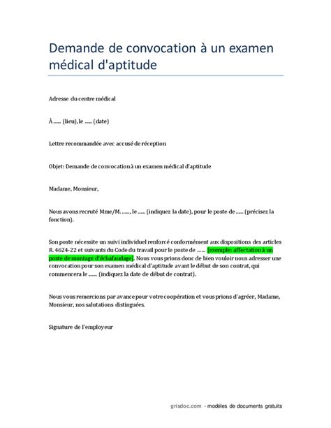 Demande De Convocation Un Examen M Dical D Aptitude Doc Pdf Page