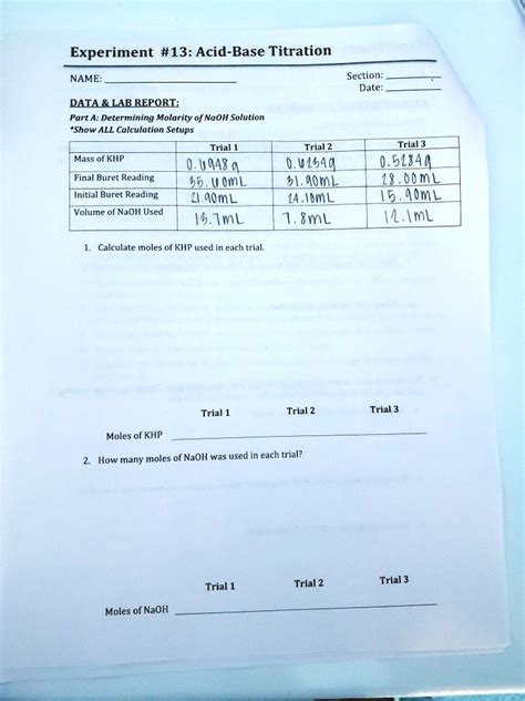 SOLVED Experiment 13 Acid Base Titration NAME Section Date DATA