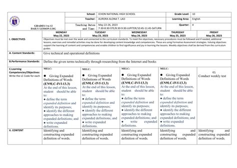 Daily Lesson Log English