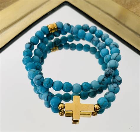 Bracelet Double Pierres naturelles Turquoise Croix doré