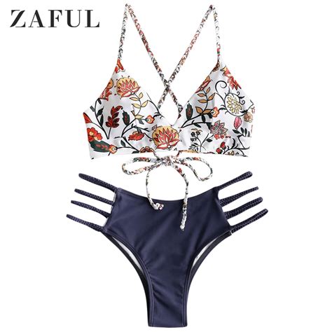 Zaful Bikini Flower Braided Lace Up Sexy Bikini Set Spaghetti Straps