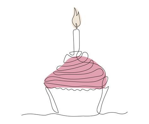 Birthday Cake Cupcake Cake With Candle Continuous One Line Drawing