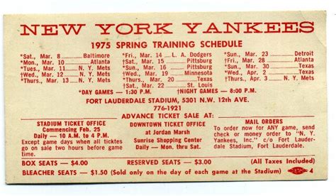 Vintage 1975 New York Yankees Spring Training Schedule Fort Lauderdale Heroes Sports Cards