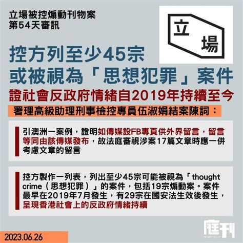 立場被控煽動刊物案第54天審訊｜控方結案陳詞 列至少45宗或被視為「思想犯罪」案件 證社會反政府情緒自2019年持續至今 庭刊