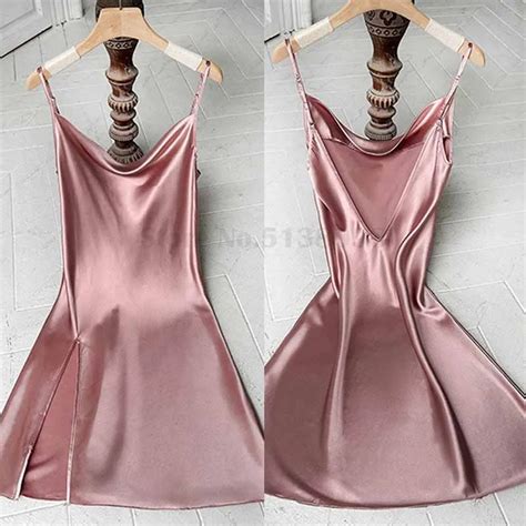 Pink Satin Sexy Split Sleep Shirts Intimate Lingerie Nightgown Women S