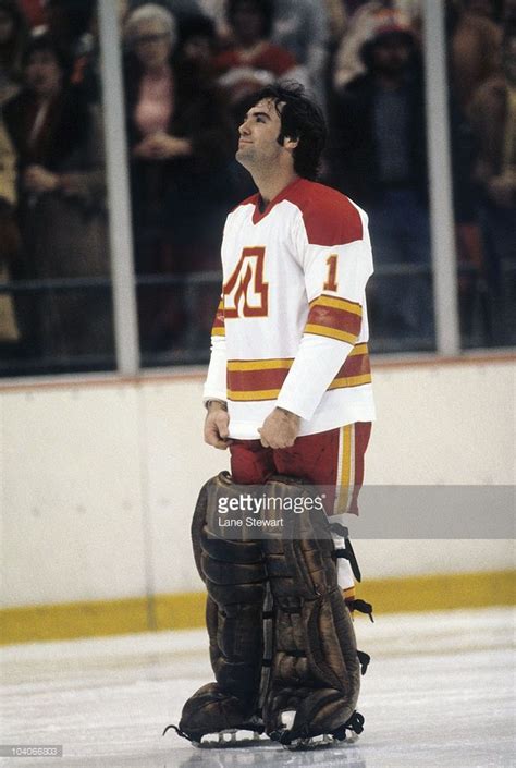 Atlanta Flames goalie Jim Craig on ice before game against Colorado