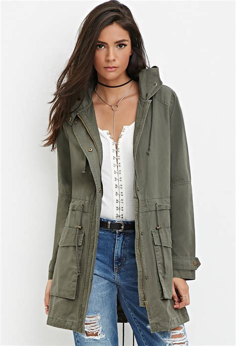 Forever 21 Longline Hooded Utility Jacket In Green Olive Lyst