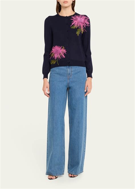 Oscar De La Renta Floral Embroidered Wool Cardigan Bergdorf Goodman