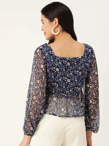 Floral Print Sweetheart Neck Puff Sleeve Chiffon Peplum Top Women Tops