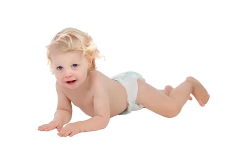 Adorable Blonde Baby In Diaper Sitting On The Floor Stock Photo