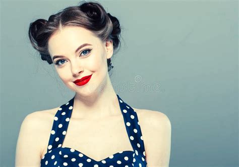 Pin Up Woman Portrait Beautiful Retro Female In Polka Dot Dress With