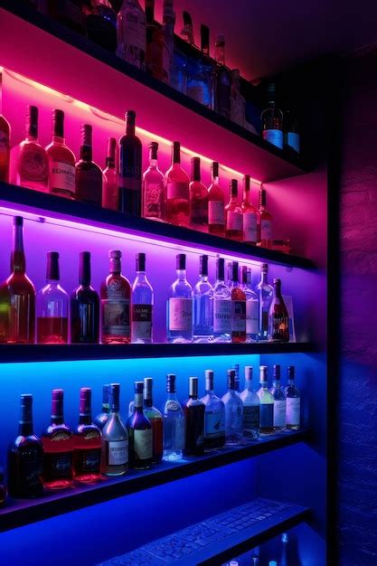 Premium Photo Shelf Filled With Lots Of Bottles Of Liquor In Room With Neon Lights Generative Ai