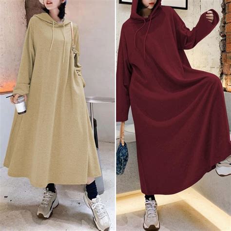 Zanzea Long Hoodies Dress Womens Autumn Winter Sweatshirt Ladies Pullover Hooded Dresses Plus