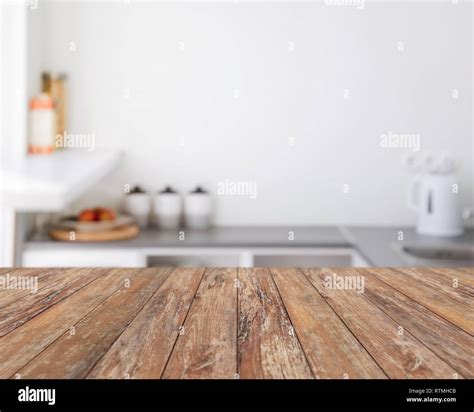 Blurred Kitchen Background With Wooden Boards Stock Photo Alamy