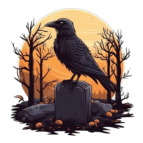 Halloween Raven Cartoon On Grave And Tree Design Holiday And Scary