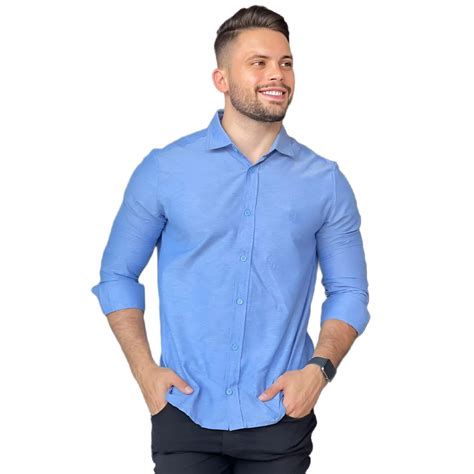 Camisa Slim Fit Lisa Manga Longa Azul Mescla V Club