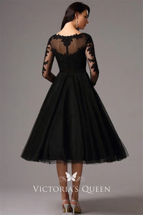 Elegant Long Sleeve Tea Length Illusion Black Lace And Tulle Cocktail