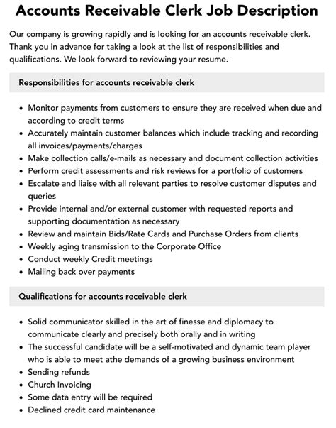 Accounts Receivable Clerk Job Description | Velvet Jobs