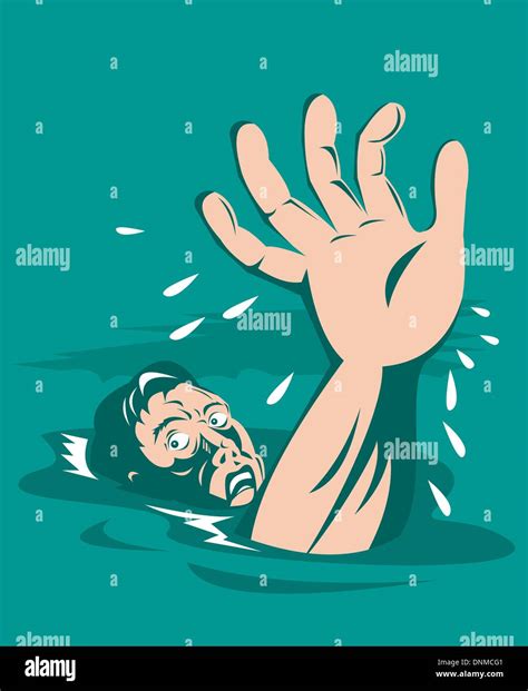 Illustration Of A Man Hand Reaching Out For Help Almost Drowning Retro