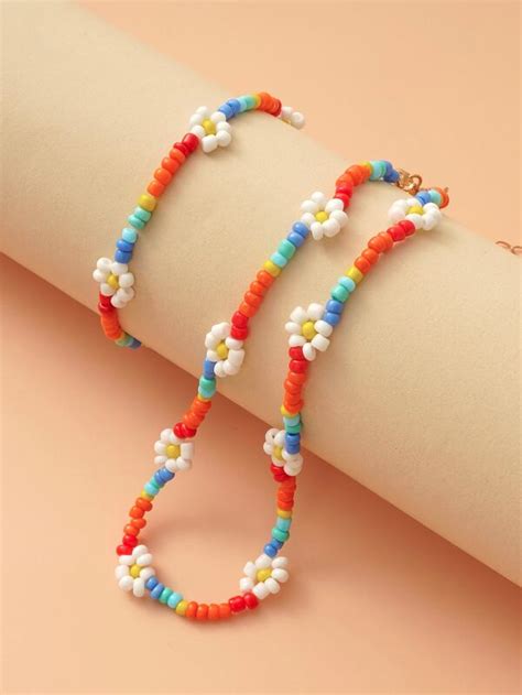 Pc Flower Decor Beaded Necklace Pc Bracelet Shein Usa Beads