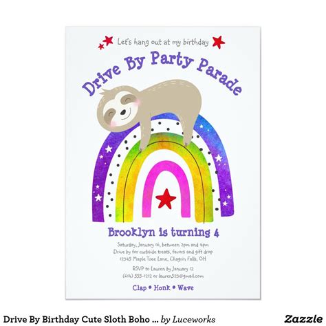 Drive By Birthday Sloth Kawaii Boho Rainbow Modern Invitation Zazzle