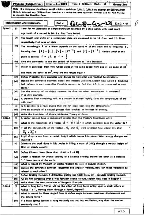 11th Class Physics Past Paper 2022 Bahawalpur Board Group 2 Subjective