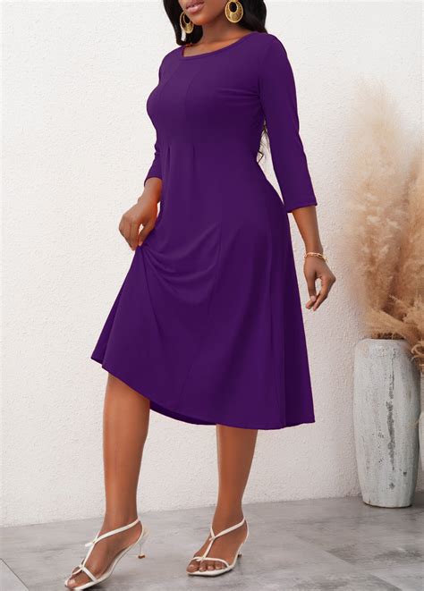 Purple 3 4 Sleeve Round Neck Dress Rosewe USD 22 98