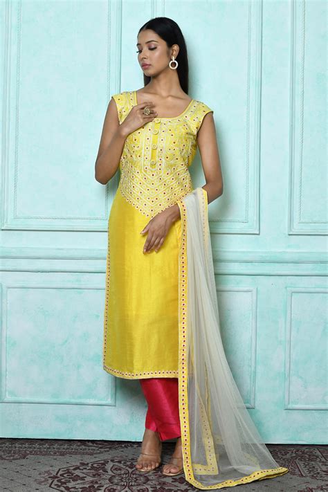 Buy Yellow Kurta Raw Silk Embroidery Floral Round Neck Flower Vine Set